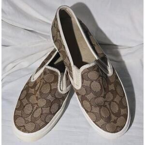 Coach Signature Logo Brown Beige Canvas Slip-On Flats Round Toe Women